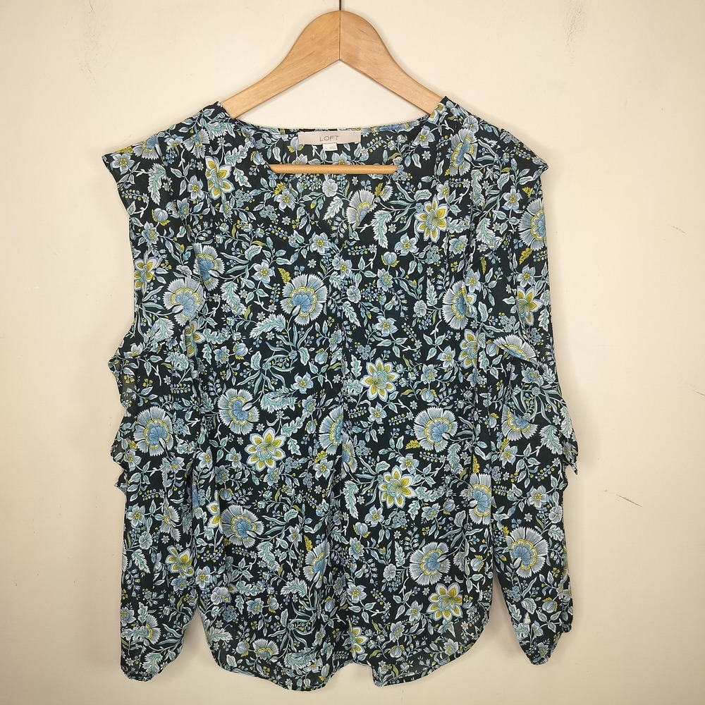 LOFT Floral Ruffled Top Botanical Long Sleeve